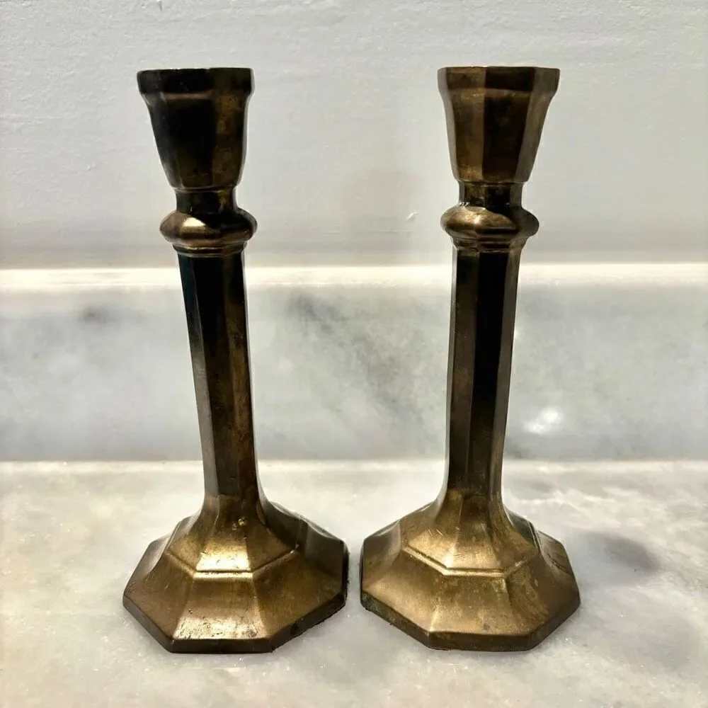 Antique Vintage Pair Of Brass Metal Victorian Candlestick Holders 7 3/4
